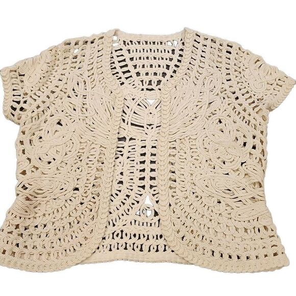 Crochet Knit Heavy Short Sleeve Cardigan Women's One Size Cream Art To Wear 100% - Picture 9 of 10